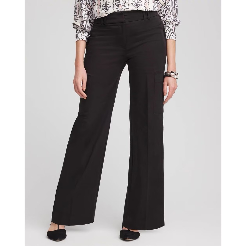 Chicos Fly Front Sateen Cargo Pant 16R Black Minimalist Utility Travel Office
